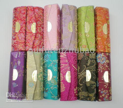 Portable Travel Small Smycken Väska med spegel High End Silk Brocade Metal Clasp Läppstift Förvaringslådor Lip Balm Packaging Tubes 12st / Lot