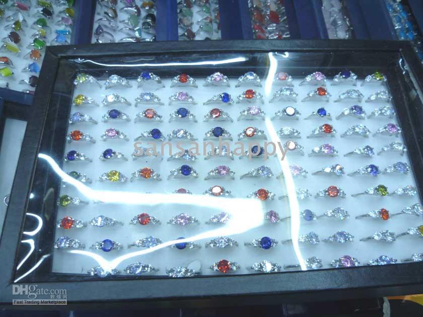 Partihandel 100st Rhinestone 925 Silver Ring Zircon Ädelsten Jewlery med displaybox