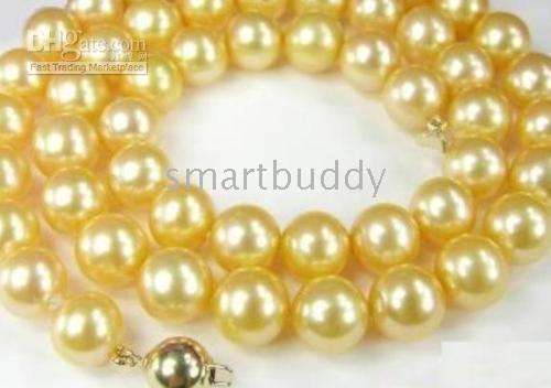 Nowe piękne perły biżuteria prawdziwy naturalny 18 cali 10-11mm złoty naszyjnik z pereł