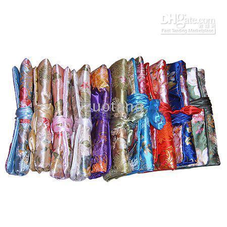 Cheap Jewelry Gift Roll Ring Storage Pouch 10pcs Mix Color 9*6 inch Silk Brocade Rope Zipper Bags