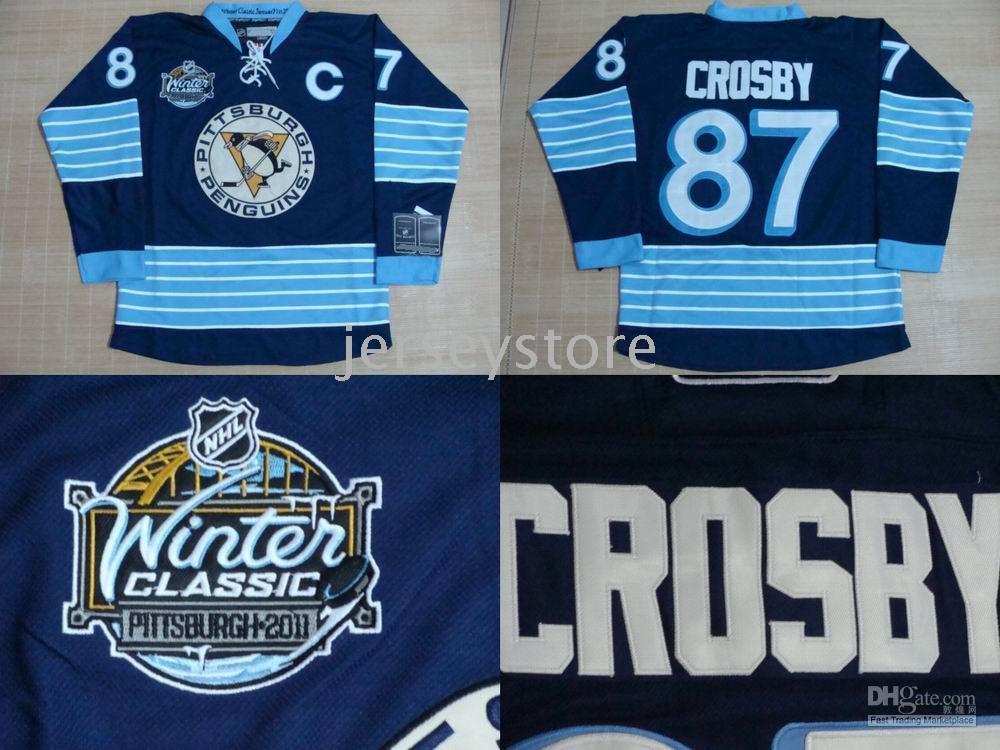 Autographed Penguins 87 Sidney Crosby Dark Blue Winter Clasic Hockey Jerseys New Style Men