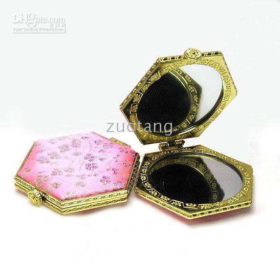 Elegant Folding Pocket Compact Mirrors Favor Chinese Damask Portable Double sided Makeup Mirror 100pcs/lot mix color styles Free shipping