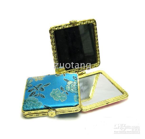 Elegant Folding Pocket Compact Mirrors Favor Chinese Damask Portable Double sided Makeup Mirror 100pcs/lot mix color styles Free shipping