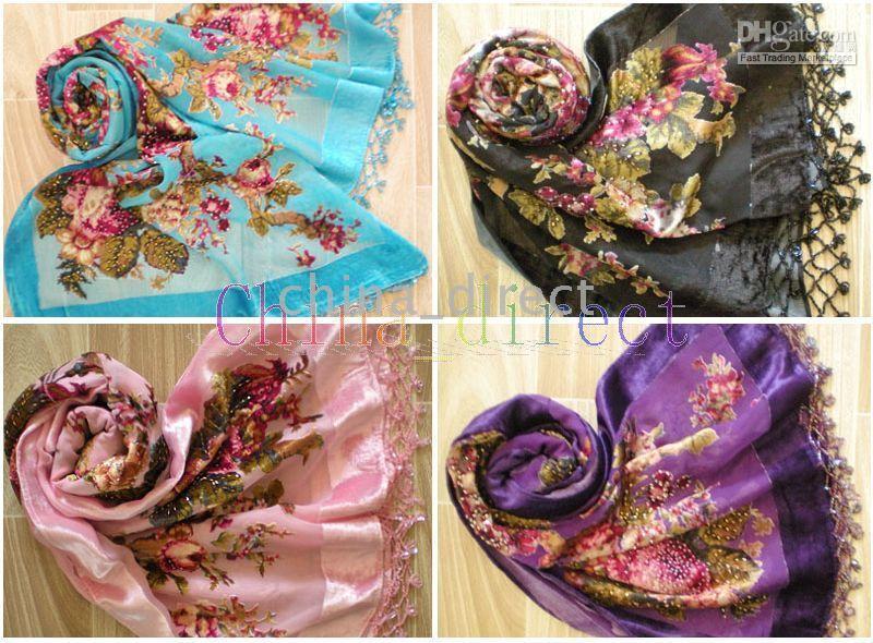 Beaded Silk Velvet Känsla Rayon Nylon Burn Out Duster Opera Coat Scarves Sjal Scarf Wrap Ponchos 6st / Lot # 1726