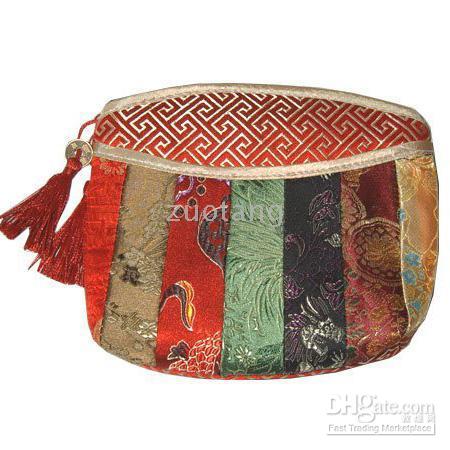 カラフルなパッチワーク小さなジッパーの化粧品の袋ビンテージ女性中国中国豪華なシルクブロコード生地タッセル化粧ケース収納ポーチ