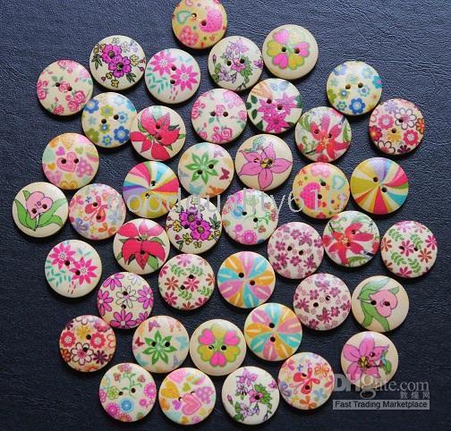 

50pcs 18mm Assorted Pattern Wood Buttons Wiht 2 Hole For Sewing, Blike;white