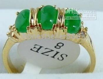 Underbar 3 pärla Inlay Green Jade Ring Storlek: 7 8 9