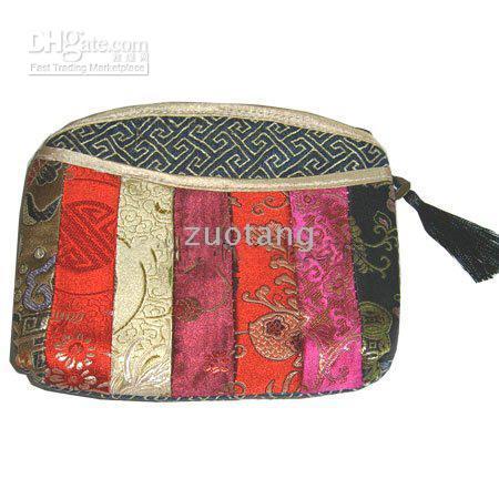 Färgglada Patchwork Liten dragkedja Kosmetisk väska Vintage Kvinnor Kina Lyx Silk Brocade Fabric Tassel Makeup Case Storage Peum