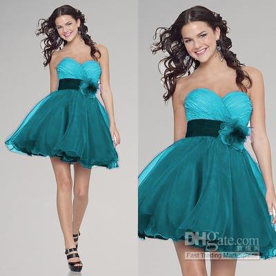 2014 Cute Short Homecoming Dresses Sweetheart Neckline Ruched Bodice Puffy Skirt Teal Organza Adorable Short Prom Dresses With Black Sash Homecoming