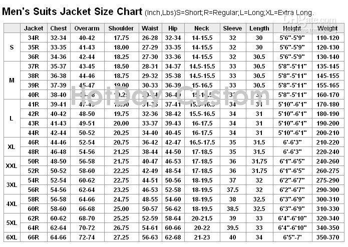 Dress Jacket Size Chart