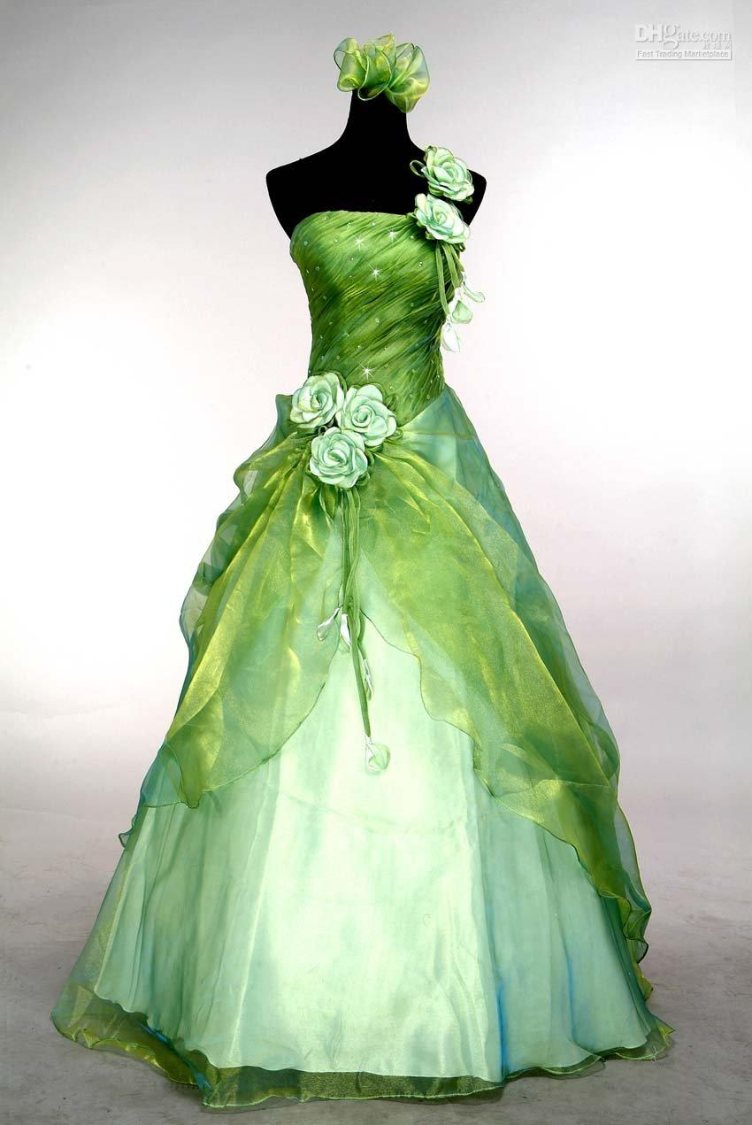 green off the shoulder ball gown