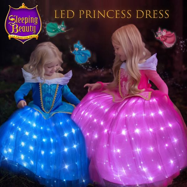 Uporpor La Bella Addormentata Aurora Principessa Abito LED per Ragazze Bambini Fascino Cosplay Carnevale Vestire Abiti Festa di Compleanno Costume 240102