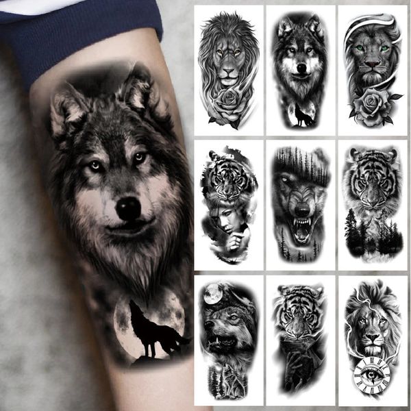 Tatuaje de manga de la parte superior del brazo Crown Lion Tiger Head Wolf Impermeable Pegatinas temporales Temporizas Arte Falso para mujeres 240408