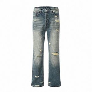 Uprakf Jeans déchirés Poche Bleu Streetwear Denim Pantalon Casual Basic Fi Pantalon Été E8M2 #