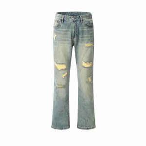 Uprakf déchiré jean été Streetwear pantalon de base Fi haute rue décontracté Denim coupe bleu automne L585 #