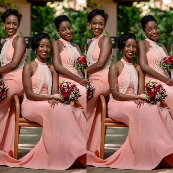 UPS 2022 Nouveau Blush africain rose sirène robes de demoiselle d'honneur robe d'invité de mariage perles licou cou perles longueur de plancher grande taille demoiselle d'honneur
