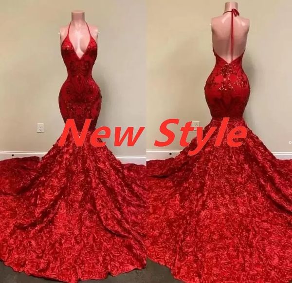 UPS 2022 Sexy Dos Nu Rouge Robes De Soirée Halter Col En V Profond Dentelle Appliques Sirène Robe De Bal Rose Volants Occasion Spéciale Robe De Soirée B