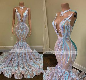 UPS Black Girls Sparkly Sequin Long Prom Dresses 2022 Sexy Sheer O Neck Mermaid Afrikaanse Dames Gala Avond Feestjurken