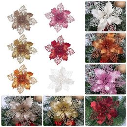 Flores decorativas UPS, 10 Uds., guirnalda de árbol de Navidad, adornos de flores artificiales huecas con purpurina, colgante, corona DIY para boda