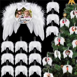 Adorno de alas de Ángel de transferencia de calor UPS, decoración navideña, colgante de plumas, hoja redonda de aluminio, etiqueta colgante de árbol de Navidad DIY