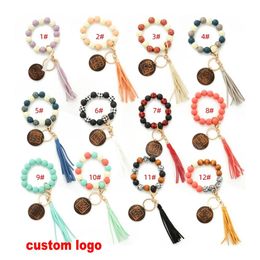 UPS Party Gunst Luipard Wood Bracelet Keychain Dames Leer Tassel Polsel Key Chain For Gift Mama Letters