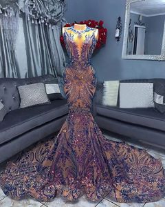 UPS Sparkly Long Prom Dresses 2022 Sexy Mermaid Lavender Sequin African Women Black Girls Gala Celebrity avond feestavond