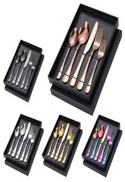 Upscale 5PCSSet AFBEELDING SET ROSE GOUDEN LEVEN VORK MESSPIER SET ZWARTE FLATTERWEREEN SETS Kleurrijke regenboog Gold bestek box15397999