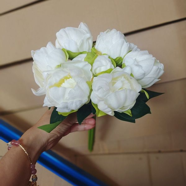 Flor artificial de lujo, blanco, rosa, 8 cabezas, ramo de novia, peonía artificial de PU, flores de tacto real, suministros de decoración para fiesta de boda en casa