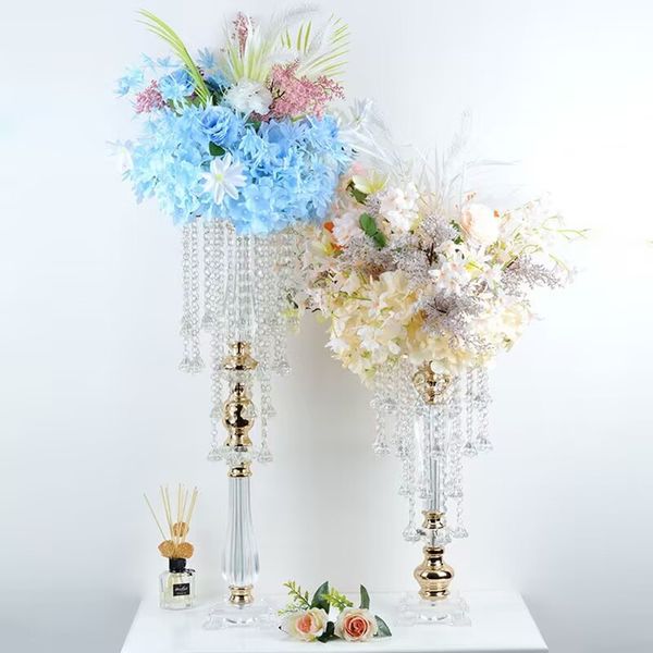 Centros de mesa de decoración de boda de lujo, candelabro de cristal dorado, florero, estante para fiesta de cumpleaños, decoración del hogar