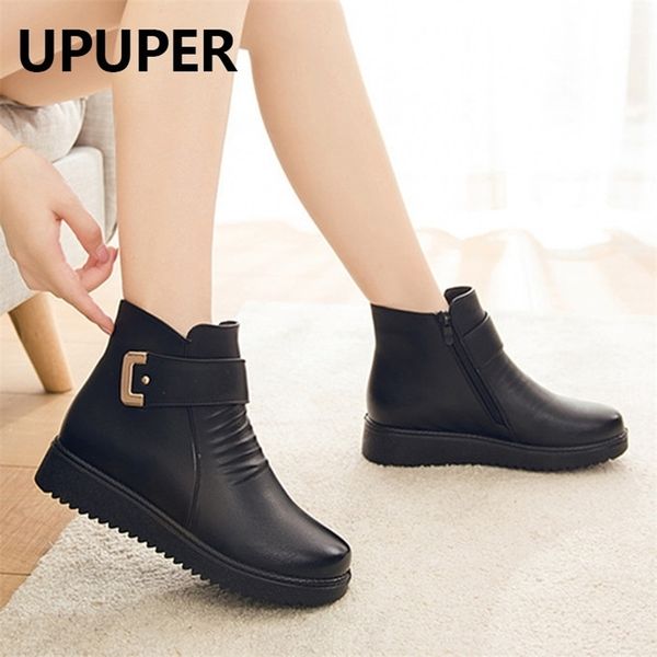 UPUPER cuña negra para mujer botas de invierno antideslizantes de piel caliente botines de mujer botas de cuero baratas para la madre zapatos de invierno Famale 201106