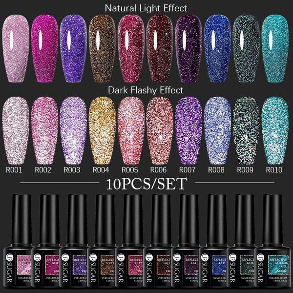 Ur sucre 10pcs Série réfléchie gel ongle gel polonais fluorescent lumineux semi-permanent gel LED manucure nail art Vernis 240510