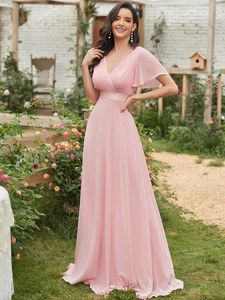 Stedelijke sexy jurk roze bruidsmeisjesjurken lang elegant een lijn dubbele v-hals ruches chiffon formele bruiloft feestjurk gala 230810
