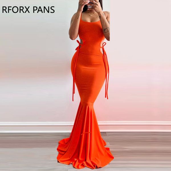 Urban Sexy Dresse Solide Élégant Glamour Réservoir Midriff Lace Up Shirring Silt Maxi Mermaid Bodycon Party Robe Formelle 230617