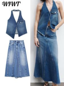 Urban Sexy Dresse Y2K Jeans Gilet Jupes Ensembles Casual Halter Dos Nu Boutons Poche Débardeurs Femme Élégant Une ligne Denim Jupe Costumes 2023 230720