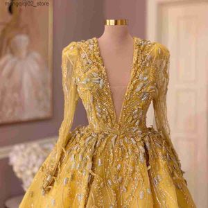 Robes sexy urbaines 2023 Aso Ebi jaune a-ligne robe de bal dentelle perlée soirée formelle deuxième réception anniversaire demoiselle d'honneur robes de fiançailles Q240307