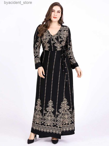 Robes Sexy urbaines 2023 automne hiver robe portefeuille femme à manches longues rétro impression Maxi longue Dubaï Abaya robe musulmane grande taille vêtements islamiques L240309