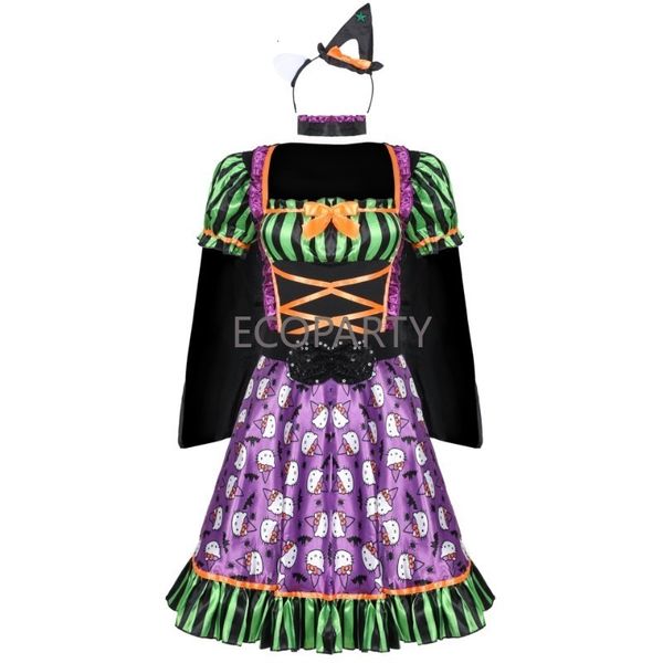 Robes sexy urbaines 2023 Style Troupe de Cirque Clown Cosplay Violet Vert Kitty Chat Imprimé Sorcière Cape Dot Robe Costumes Halloween Femme Adulte 230829