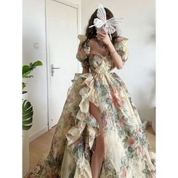 Stedelijke sexy jurken 2023 zomer elegante avondjurk korte pofmouwen kaki print organza dames vloerlengte overlengte prinses lang 231018