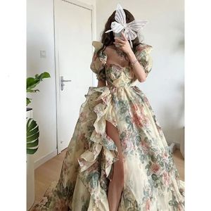 Stedelijke sexy jurken 2023 zomer elegante avondjurk korte pofmouwen kaki print organza dames vloerlengte overlengte prinses lang 231018