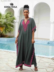 Robes sexy urbaines 2024 Summer Grey Standing Collar Broidered Kaftan Robe For Women Clothing Boho Holiday House Robe Beach Robes Q1545 T240412