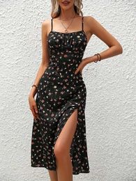 Urban sexy jurken 2024 dames bloemenprint spaghetti schouderband zomer Boheemse strandjurk afdrukken elegante hangerse vierkante nek naad jurk vest y240420