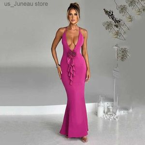 Stedelijke sexy jurken 3D bloem vrouwen galajurk sexy riem v-hals halter zeemeermin zwarte lange feestavondjurk beroemdheid robe de marie T240330