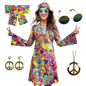 Stedelijke sexy jurken 5-delige set jaren '60 jaren '70 vrouwen hippie kostuum accessoires hippie disco jurk Halloween Boho uitlopende hippie jurk 230911
