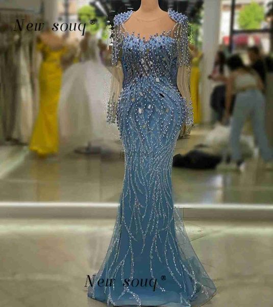 Vestidos sexy urbanos Moda africana Pearls Blue mangas largas Vestidos de noche Mirror Ceremony Ceremony Gala Gowns 24410