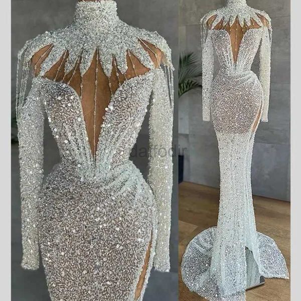 Robes sexy urbaines paillettes africaines sirène robes de soirée formelles 2024 manches longues perles scintilles de cou high scintillantes