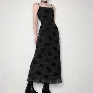 Urban sexy jurken altgoth gothic zwarte sexy jurk dames streetwear y2k alt bloemenprint mouwloze mesh patchwork jurk elegante feestclub jurken z240528