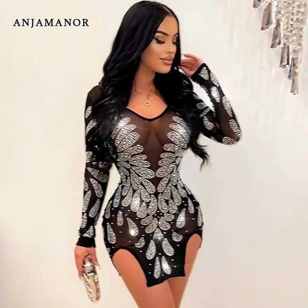 Robes sexy urbaines Anjamanor Rignestone Mesh Sexy Backless Bodycon Robes pour Date Night Club Tenues transparentes Robe noire brillante D82-DF23 T240507