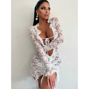 Robes urbaines Sexy d'automne en dentelle transparente pour filles, décolleté en v profond, coupe cintrée aux hanches, tenue de soirée et de Club