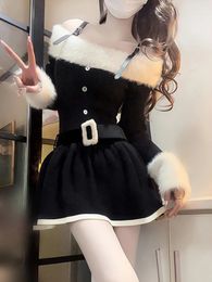 Robes sexy urbaines automne à manches longues élégantes Y2k mini robe femme courte fête robe tricotée noire mince robe sexy mode coréenne 231215