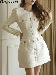 Stedelijke sexy jurken herfst winter tweed korte dames elegante o-hals bladerdeeg mouw enkele rij knopen slanke mini-jurken en party vestidos 231213